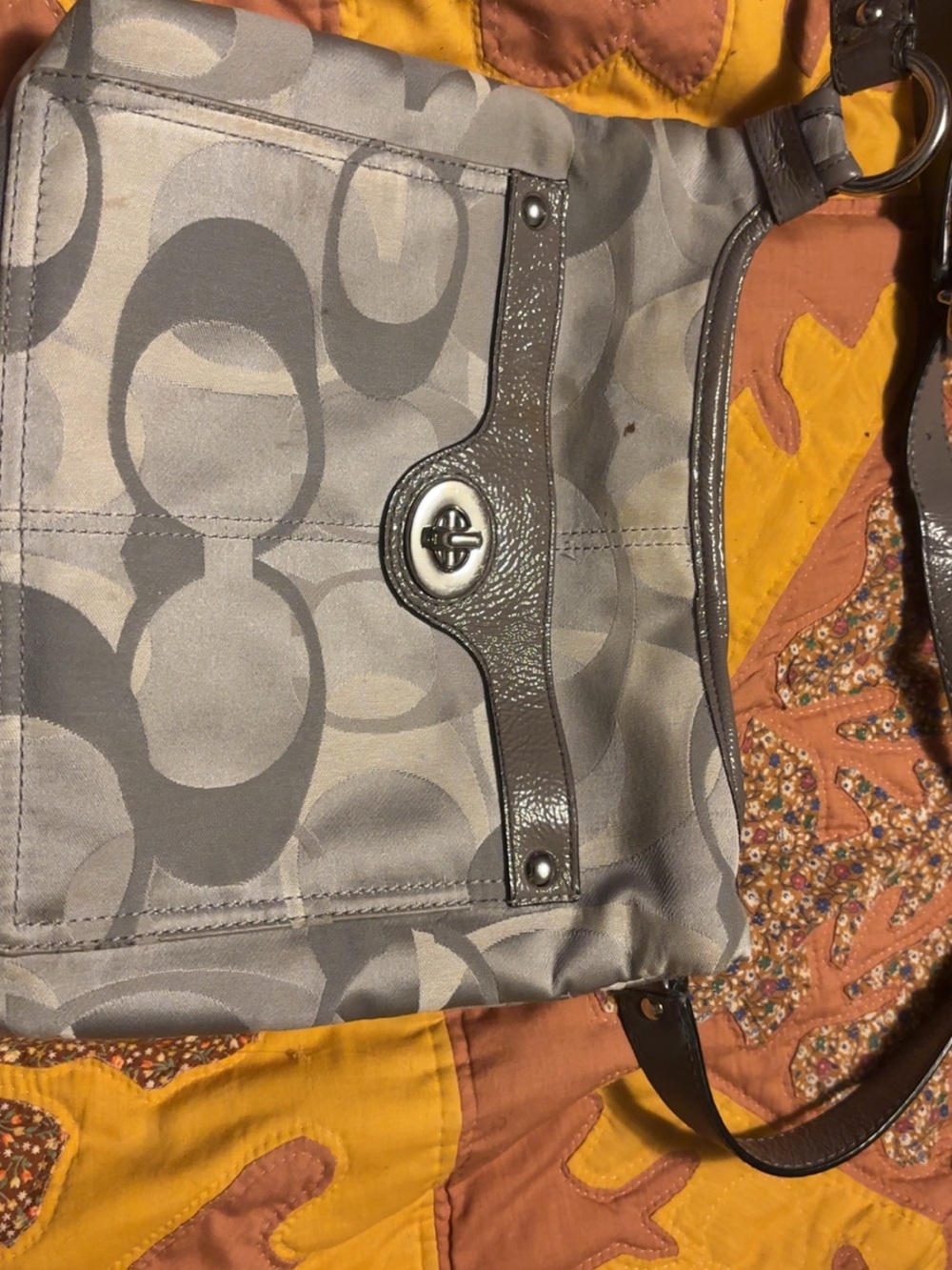 Coach Gray Signature Canvas Turnlock Messenger Bag with Leather Trim
